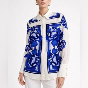 NWOT Aje Atomic 100% Silk Shirt Boldly Blooming Cobalt Floral Blouse Size 8